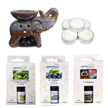 Kit de Aromaterapia difusor Elefante Cafe + 3 aceites Surtidos +5 velas