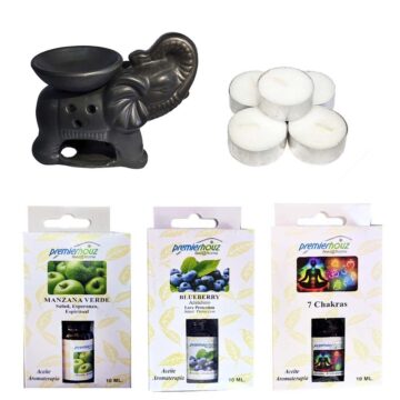 Kit de Aromaterapia difusor Elefante negro + 3 aceites Surtidos +5 velas