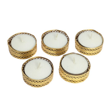 Pack de 5 velas tealight con porta velas metal dorado