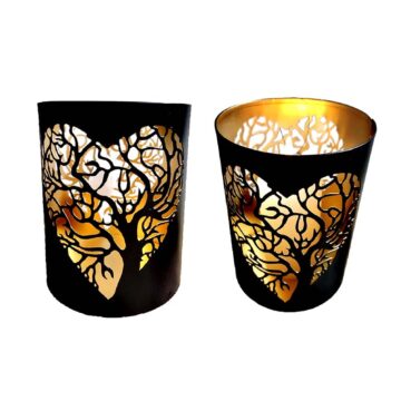 Porta Vela Árbol Corazón Metal Negro 14cm