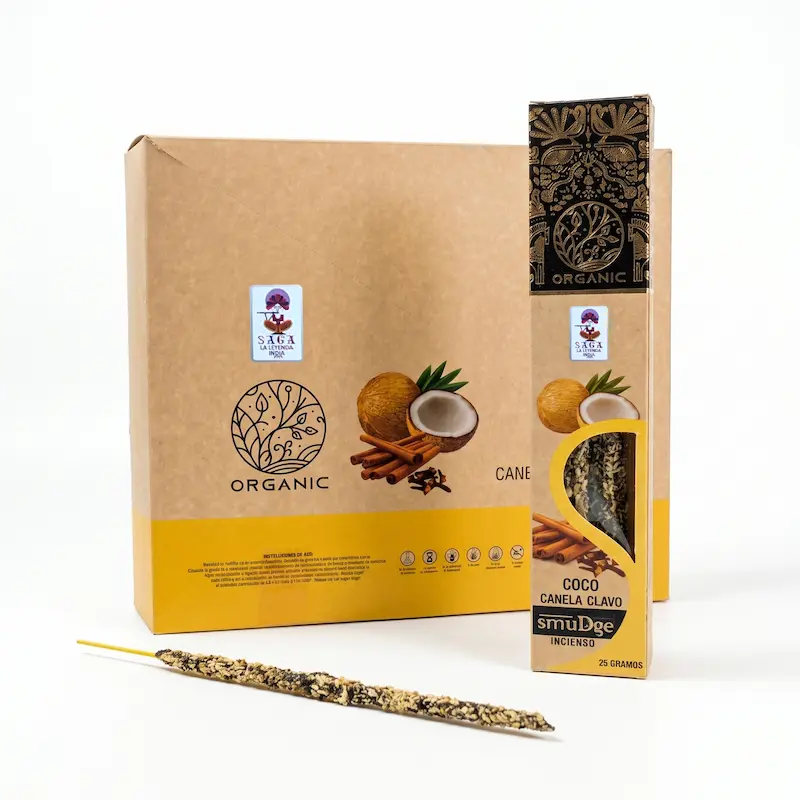 Incienso Orgánico de Coco Canela Clavo 12 Cajitas 25g SAGA