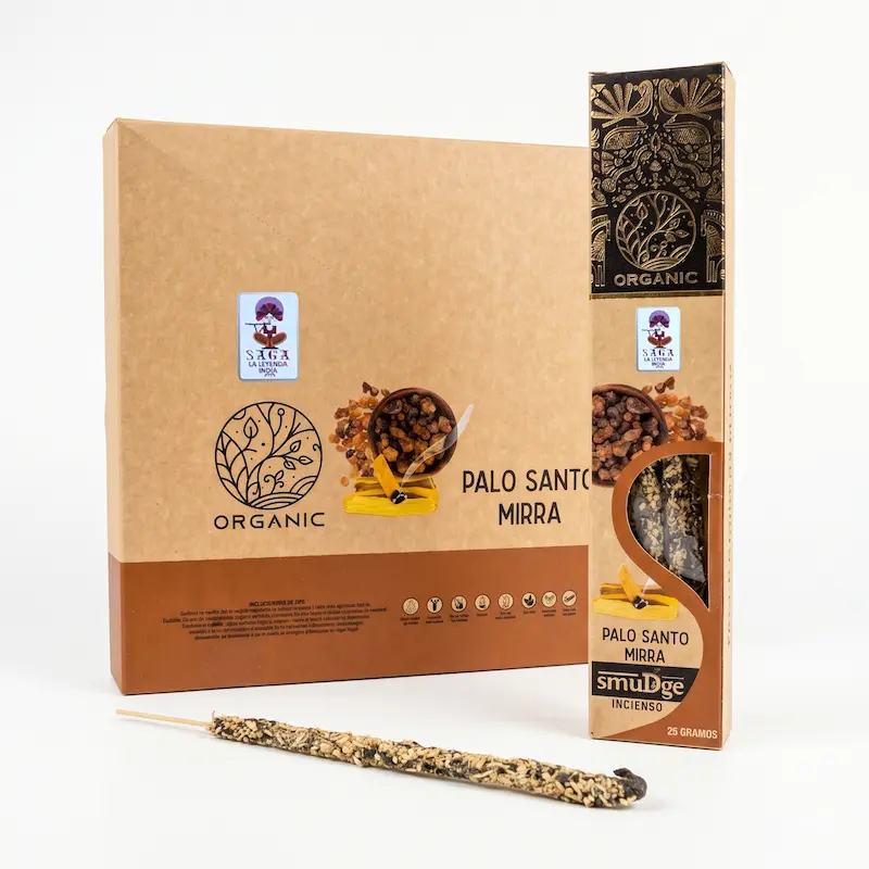 Incienso Orgánico de Palo Santo Mirra 12 Cajitas 25g SAGA
