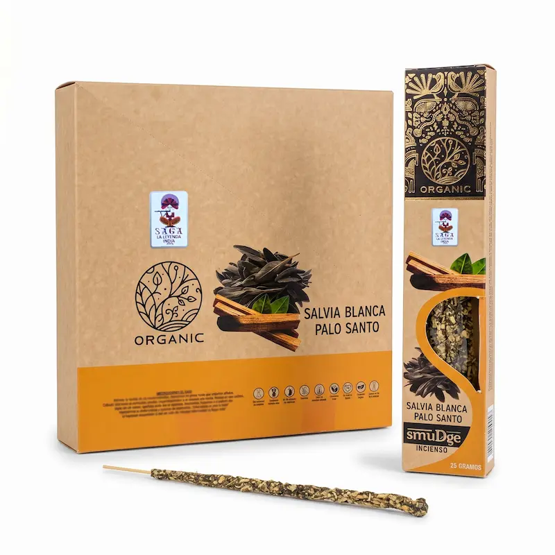 Incienso Orgánico de Salvia Blanca y Palo Santo 12 Cajitas 25g SAGA