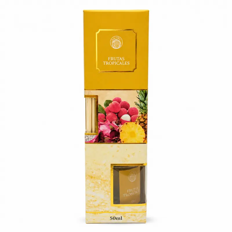 Difusor de Varillas Frutas Tropicales 50 ml aromatizador de ambientes con fragancia tropical y varillas difusoras.