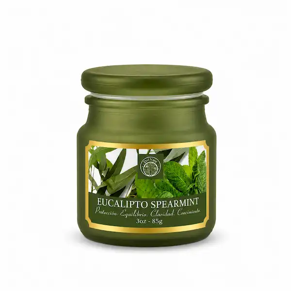 Vela Aromática Eucalipto Spearmint 85g en Frasco de Vidrio | Desi Vibes