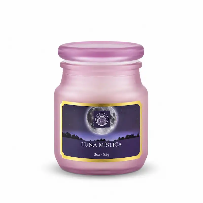 Vela Aromática Luna Mística 85 g Desi Vibes en frasco de vidrio con tapa para aromatizar y decorar ambientes.