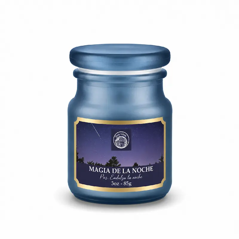 Vela Aromática Magia de la Noche 85 g Desi Vibes en frasco de vidrio con tapa para aromatizar y decorar ambientes con fragancia envolvente y relajante.