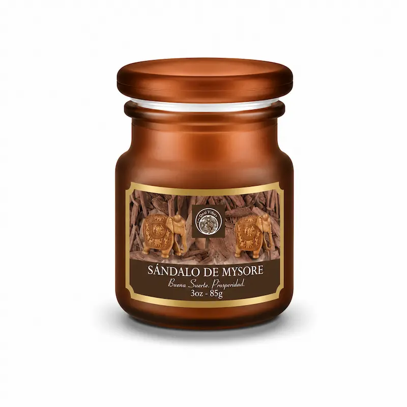 Vela Aromática Sándalo de Mysore 85g en Frasco de Vidrio Desi Vibes