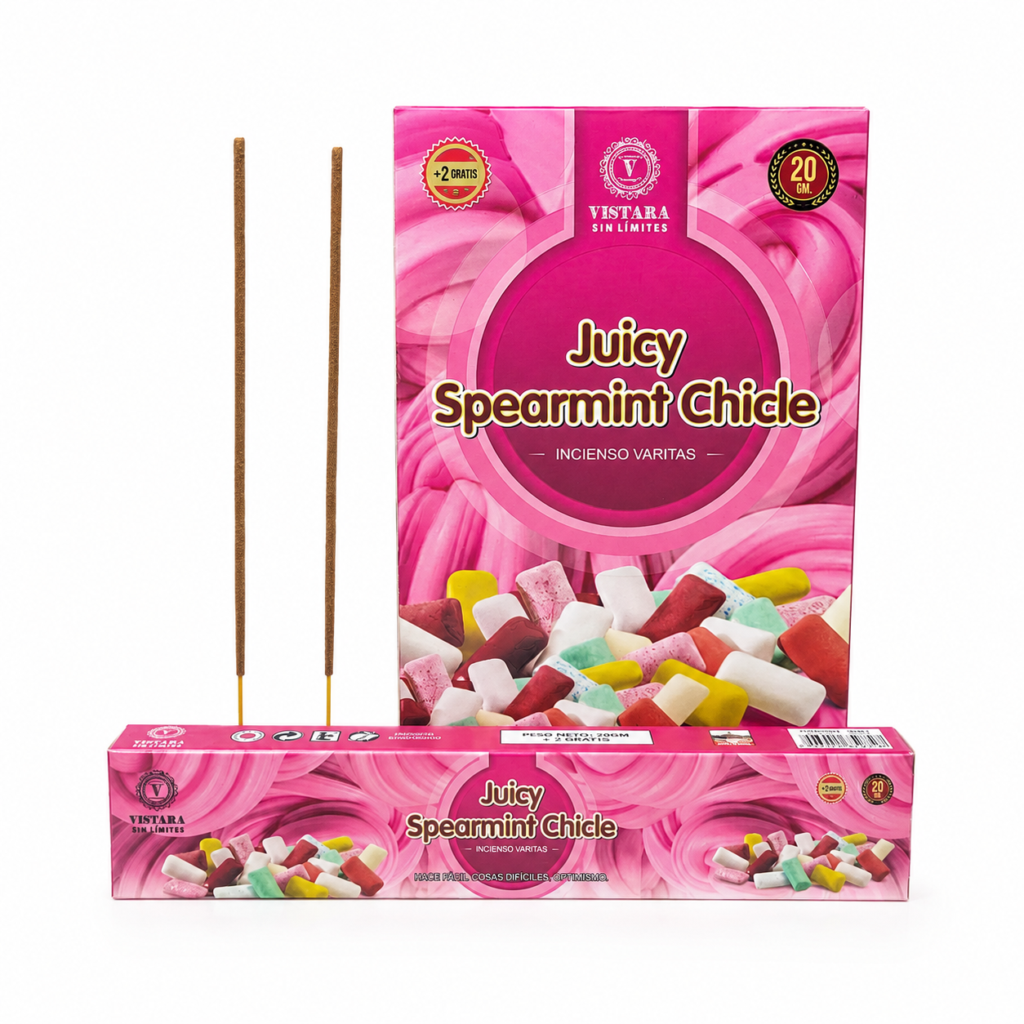 Incienso Juicy Spearmint Chicle marca Vistara en varitas, con aroma dulce, fresco y mentolado para aromatizar el hogar.