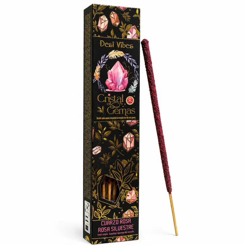 Incienso Rosa Silvestre con Cuarzo Rosa - Gemas Desi Vibes 3 Cajita de Incienso Rosa Silvestre con Cuarzo Rosa - Desi Vibes