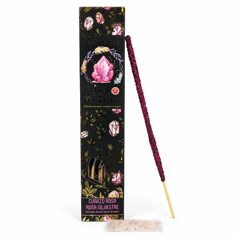 Cajita de Incienso Rosa Silvestre con Cuarzo Rosa - Desi Vibes