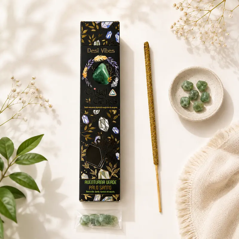 Incienso Palo Santo con Aventurina Verde - Gemas Desi Vibes 4 Incienso Palo Santo con Aventurina Verde - Gemas Desi Vibes