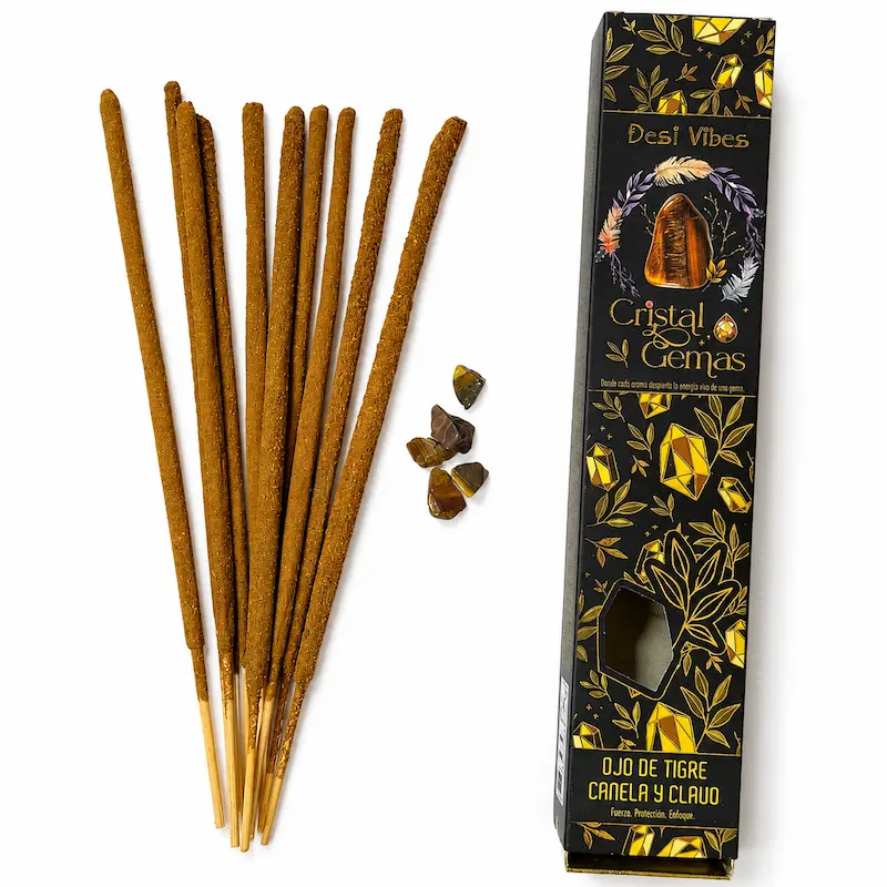 Incienso Canela y Clavo con Ojo de Tigre - Gemas Desi Vibes 2 Incienso Canela y Clavo con piedras Ojo de Tigre de la marca Desi Vibes
