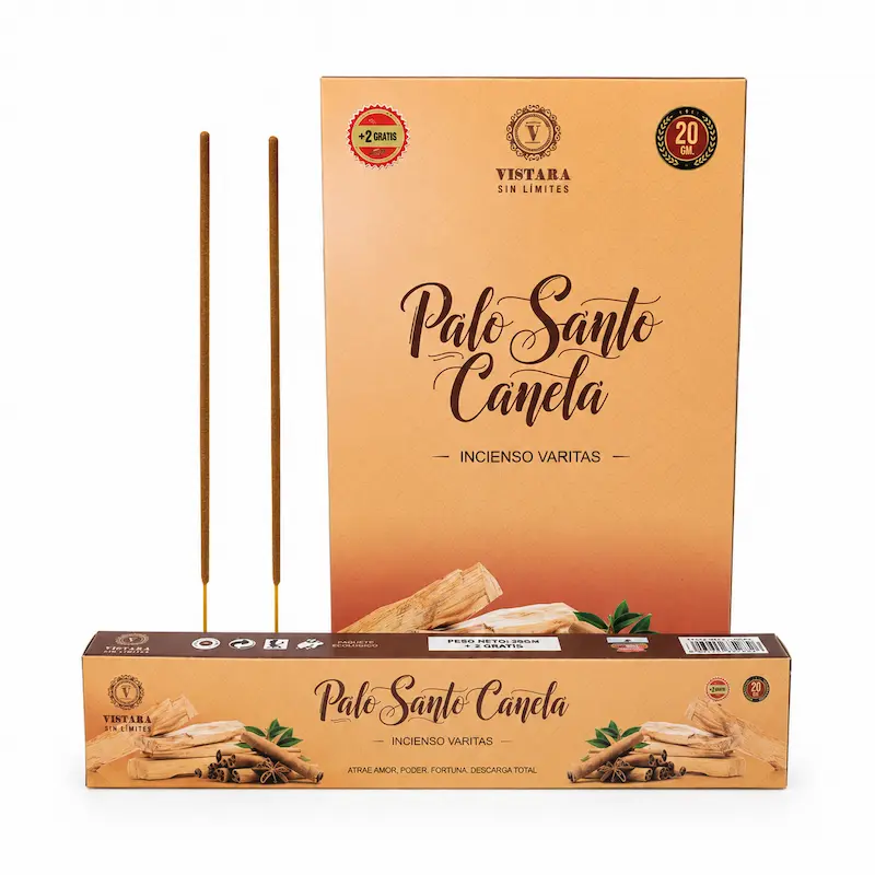 Incienso Palo Santo Canela Linea Vistara. Aroma cálido, amaderado y especiado, asociado al amor, fortuna, poder y descarga