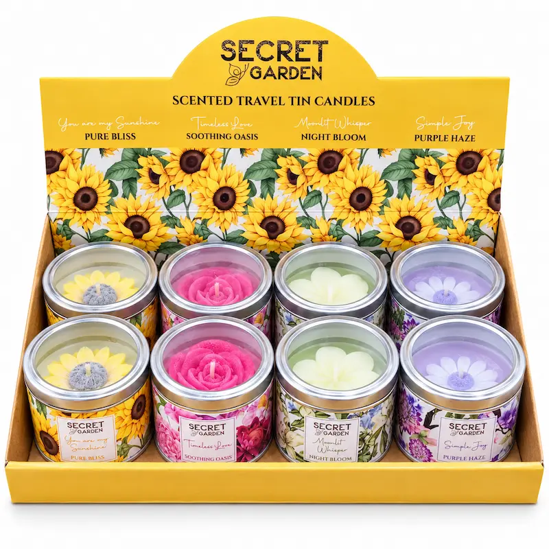 Pack de 8 Velas aromáticas Secret Garden aromas surtidos Expositor de velas Secret Garden